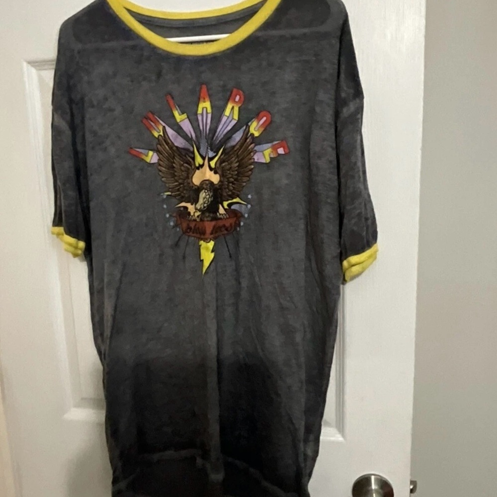 LuLaRoe Dark Gray T-Shirt with Eagle and Yellow Trim Bless Lives Large